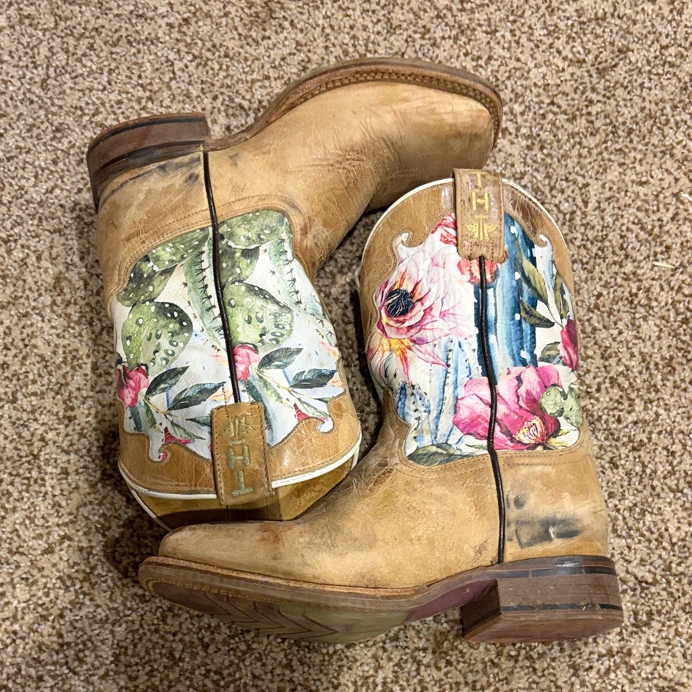 Tin Haul Tan Leather Western Heeled Boots with Floral Shaft